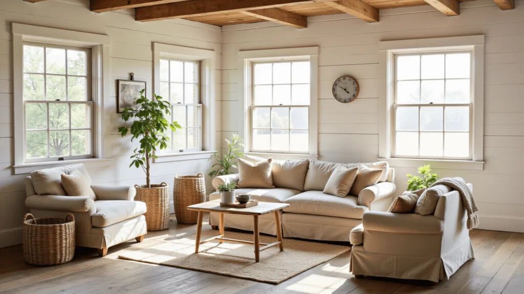 "Sunlit rustic farmhouse interior with white shiplap walls, vintage furniture, wooden beams, and natural textiles in cream and beige palette"