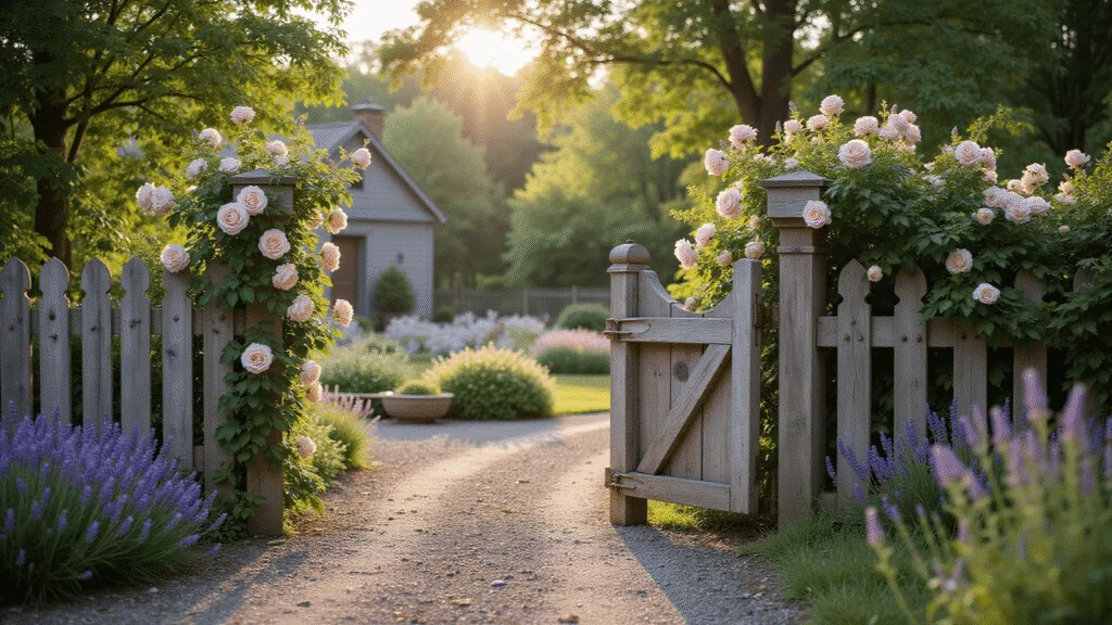"Rustic farmhouse garden with wooden gate covered in pink roses and lavender during golden hour"