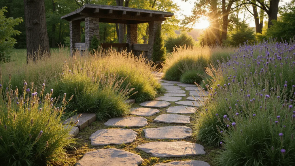 "Winding flagstone pathway in a rustic backyard with wildflowers, softly lit by the sunlight through trees, with a wooden pergola in the background."