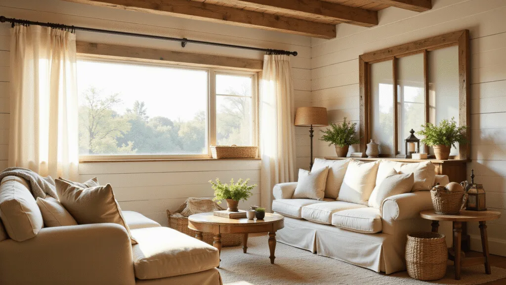 "Cozy farmhouse living room with cream sofa, vintage window frame, and exposed beams in warm golden hour light"