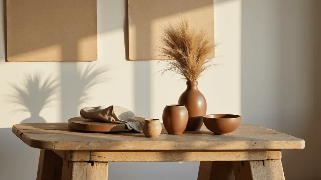 "Sunny minimalist room with rustic wooden table, handmade pottery, dried pampas grass in a cracked vase, and natural light through rice paper screens"