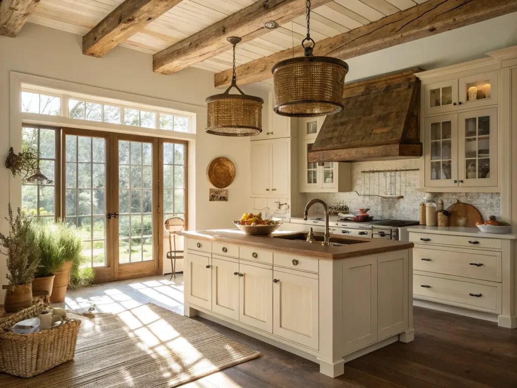 "Sunlit farmhouse kitchen with cream shaker cabinets, exposed wooden beams, and rustic décor"