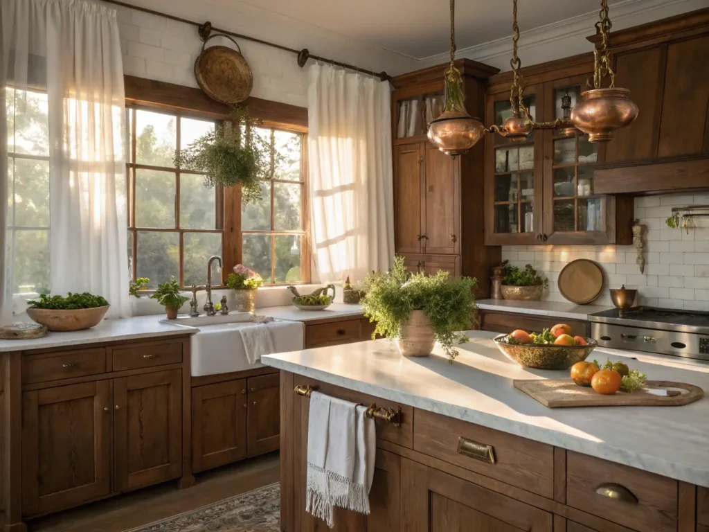 "Rustic farmhouse kitchen with walnut cabinets, marble island, and vintage copper pots during golden hour"