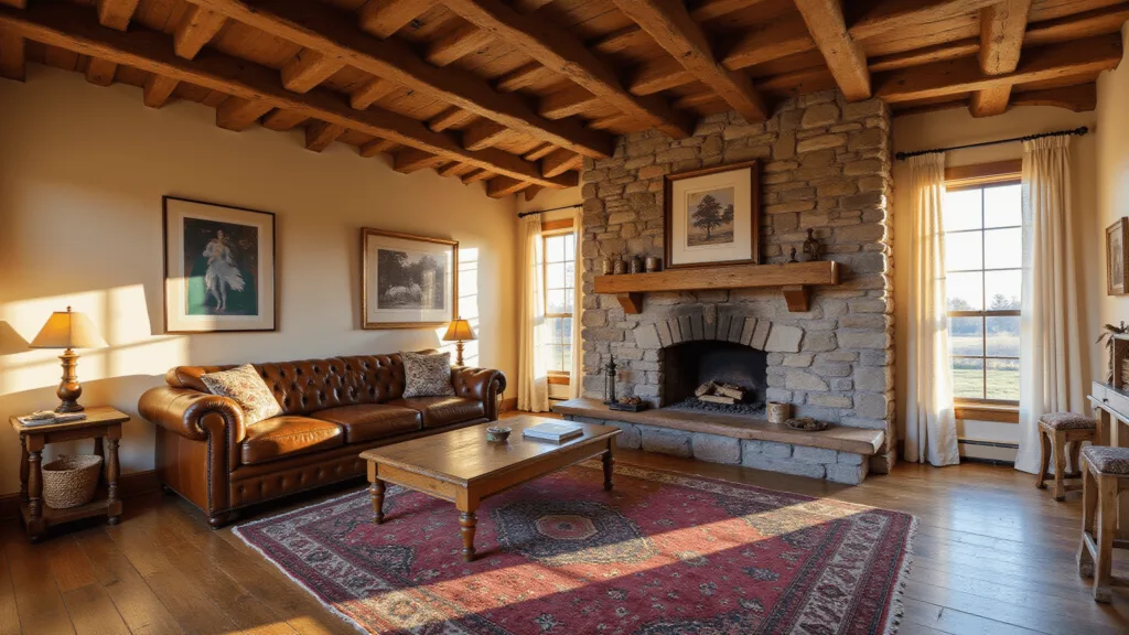 "Cozy rustic living room with exposed cathedral beams, leather sofa, stone fireplace and oak floors during golden hour"