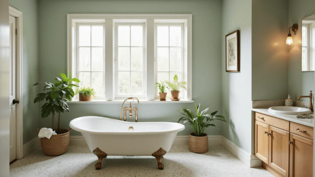 "Sophisticated sage green bathroom with white clawfoot tub, brass fixtures, penny tile flooring and natural light from frosted windows."