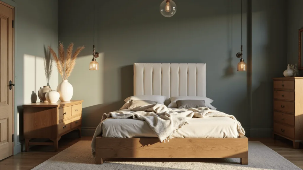 "Sage green bedroom with warm golden light, featuring a cream upholstered bed, vintage pendant light, and walnut dresser with ceramic vases and dried pampas grass"