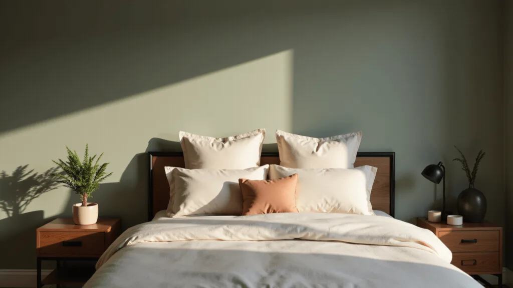 "Sage green bedroom with cream bedding, walnut accents, muted peach decor, and soft natural light creating a cozy minimal atmosphere"