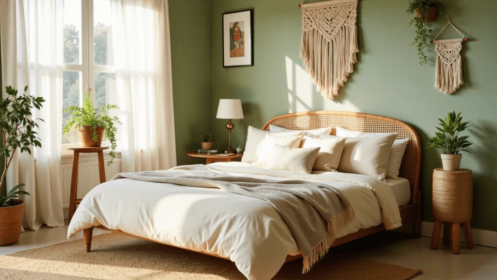 "Sunlit bohemian bedroom with sage green walls, rattan bed, macrame wall hangings, and lush potted plants"