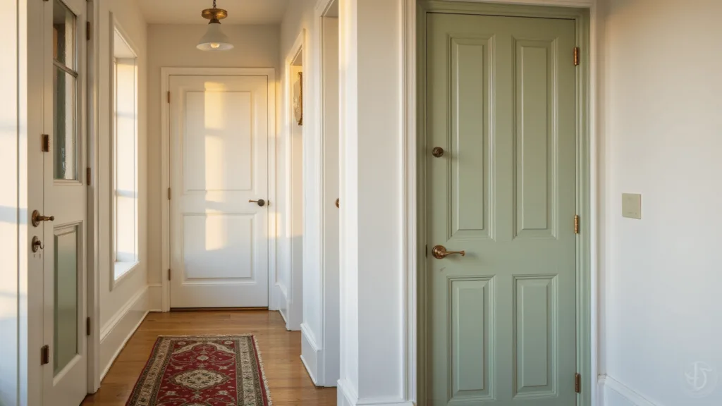 "Elegant hallway with sage green door, warm white walls, and natural sunlight casting shadows on hardwood flooring"