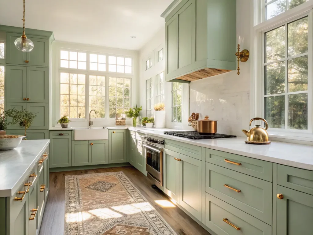 "Sage green kitchen with white marble countertops, brass hardware, and oak floors during golden hour with copper cookware, fresh herbs, and natural linen towels"