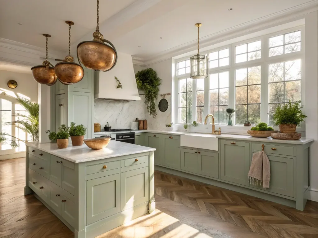 "Sunny modern kitchen with sage green cabinets, white marble island, brass pendant lights, oak herringbone floor, copper pots, and minimal decor, featuring herbs in terracotta pots and a linen tea towel."