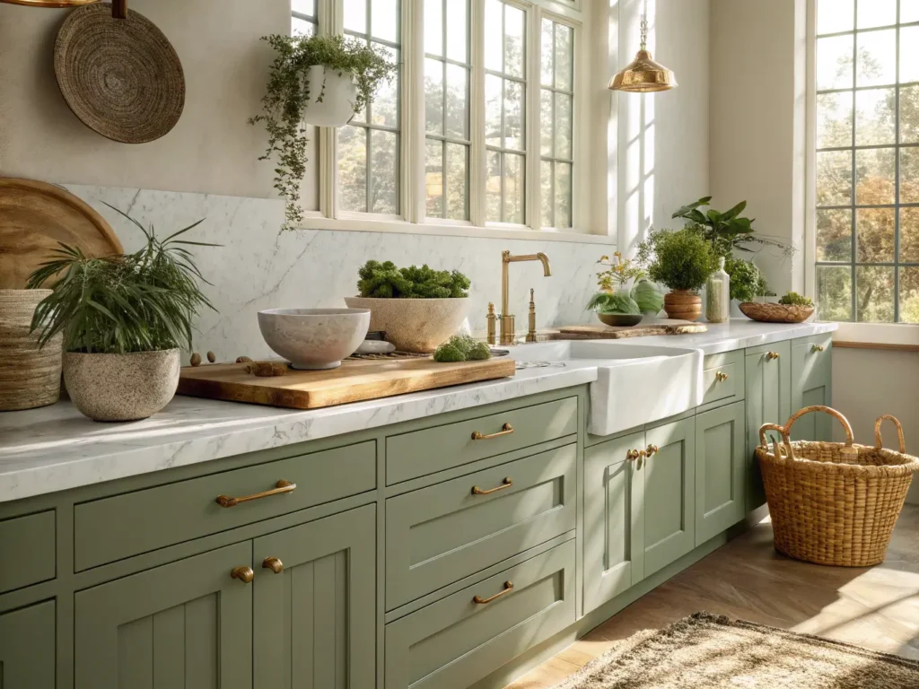 "Sage green kitchen with Shaker cabinets, marble counters, and brass hardware, bathed in morning sunlight showcasing a wooden cutting board with fresh herbs and ceramic bowls"
