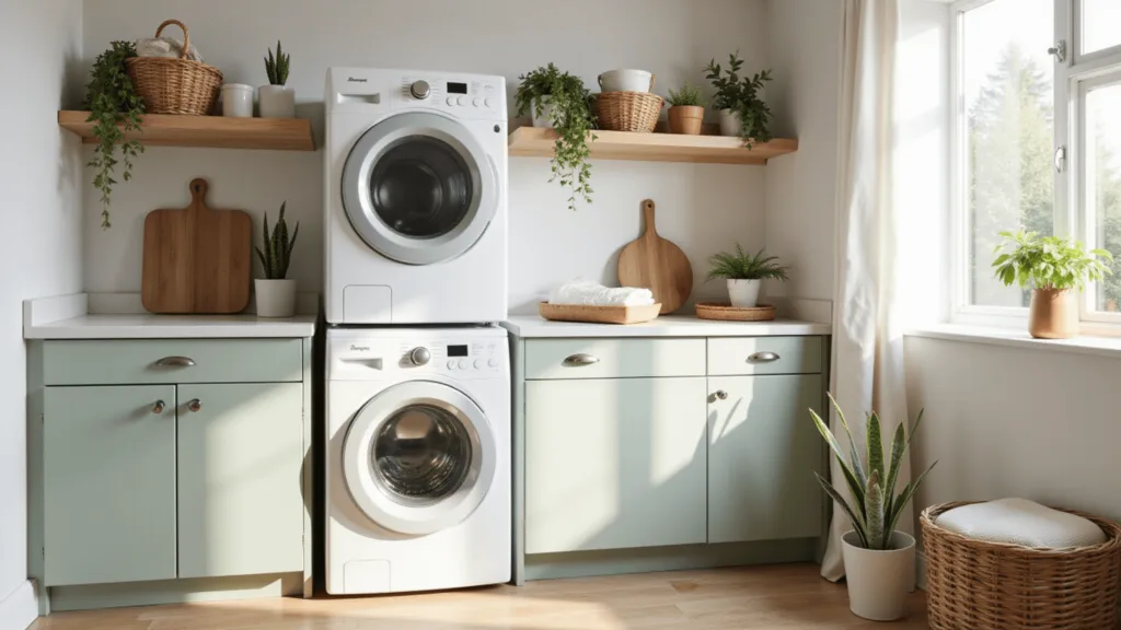"Small laundry room featuring sage green cabinets, stacked washer and dryer, wooden floating shelves with woven baskets, potted plants, and natural light for a bright, airy feel"