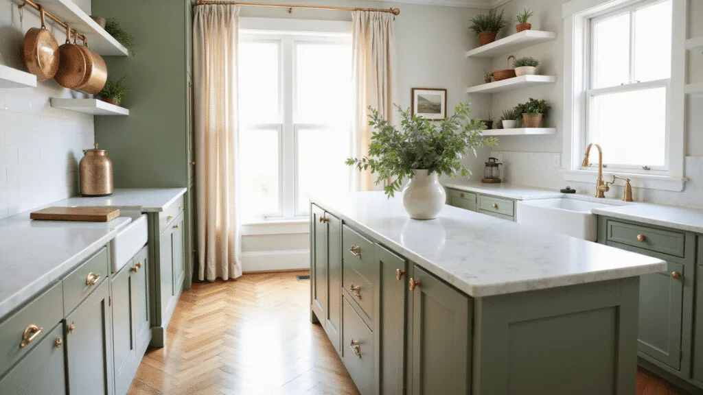 "Sunlit modern kitchen with sage green cabinets, Carrara marble countertops, brass hardware, and copper cookware."