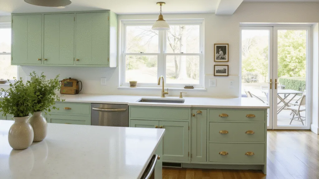 "Sage green kitchen with white quartz countertops, brass hardware, oak floors, and sunlit interior"