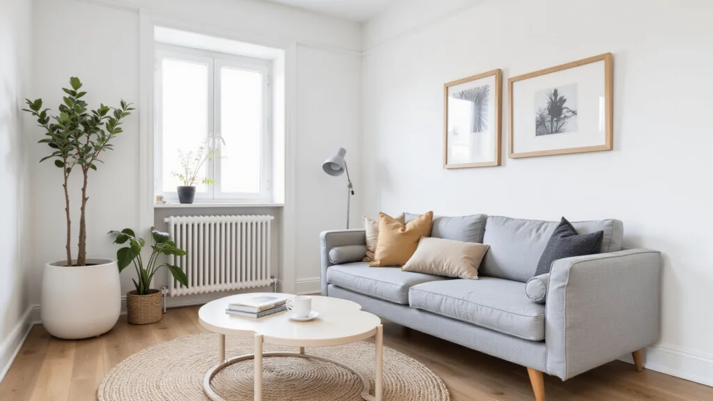 "Bright and airy Scandinavian-style living room with gray linen sofa, cream jute rug, acrylic tables, minimalist decor, white walls, and natural light."