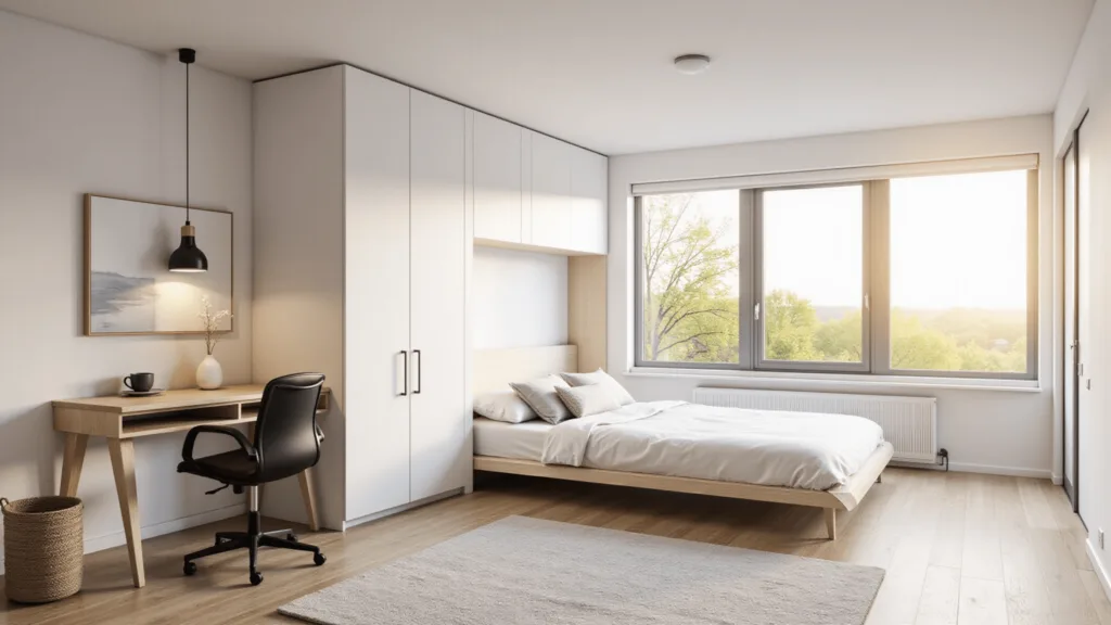 "Scandinavian style guest room office with Murphy bed and ash wood desk in golden hour sunlight"
