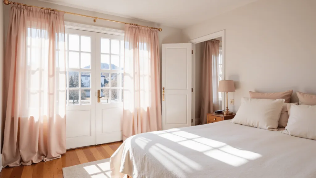"Sunlit minimalist bedroom with blush pink curtains, white bed, wooden floors, and brass accents"