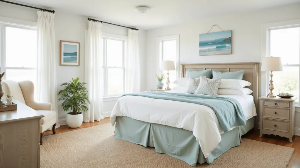"Coastal bedroom with seafoam and white linens, bay windows, and beachside decor"