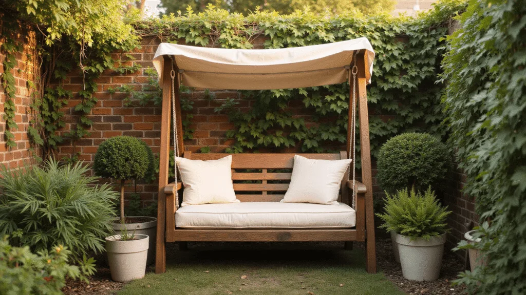 "Vintage wooden swing with cream cushions in a serene garden nook, surrounded by leafy greenery, brick walls, and a canvas canopy during golden hour."