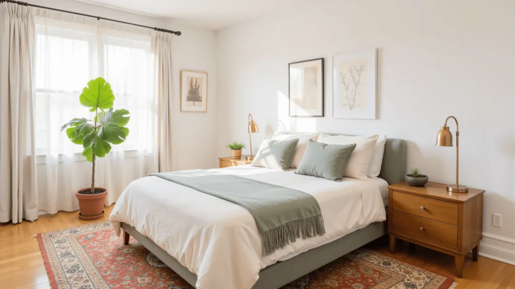 "Serene bedroom with cream and sage linens on king-size bed, oak nightstands, brass table lamps, fiddle leaf fig plant, terracotta rug on bamboo floors and sheer white curtains filtering morning sunlight"