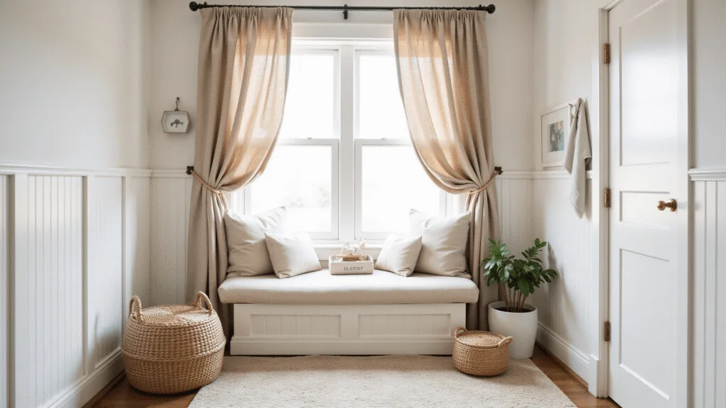 "Neutral-toned nursery with cozy window nook, textured curtains, white board-and-batten walls, and minimal decor"