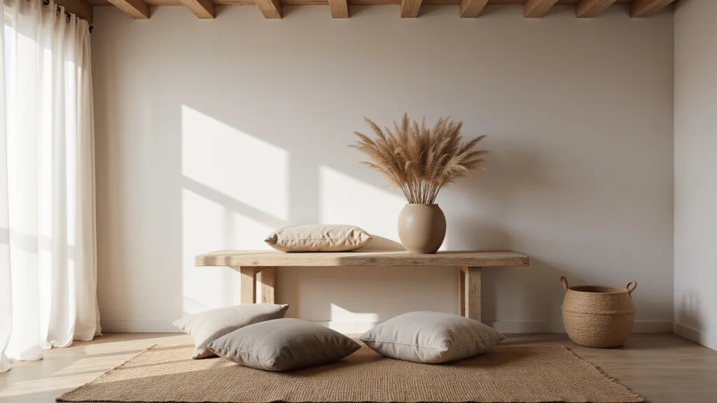 "Serene sunlit living room with textured walls, weathered wooden table, handmade ceramic vase, jute rug, handwoven cushions, and sheer linen curtains"