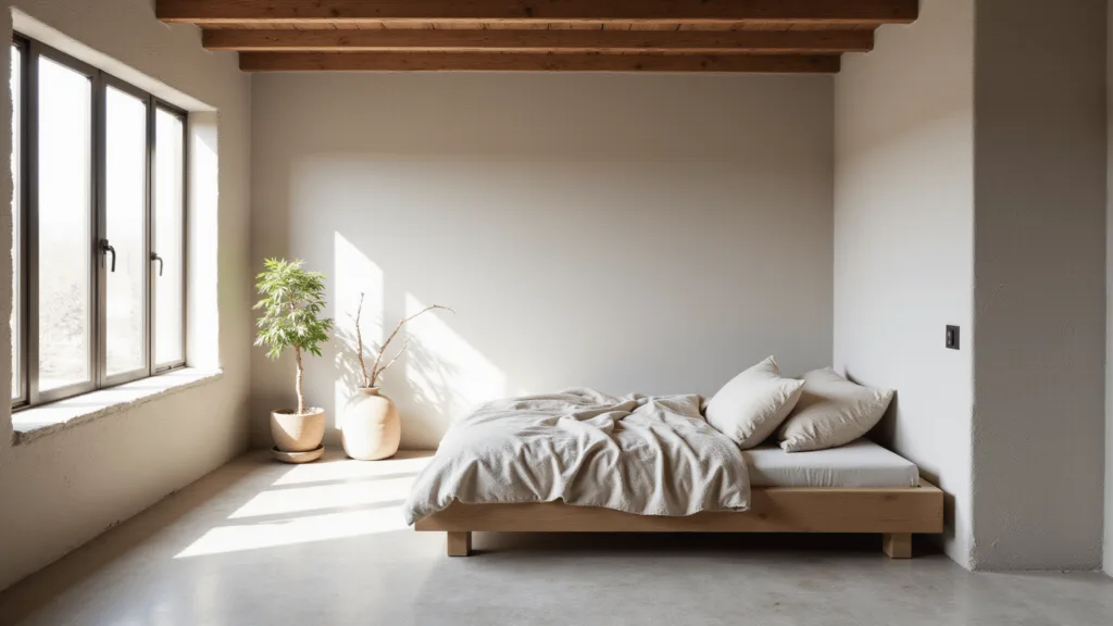 "Minimalist wabi-sabi style bedroom featuring a low wooden bed, natural linen bedding, ceramic vase with branch, wooden beams, concrete floor, and bamboo plant by a window"