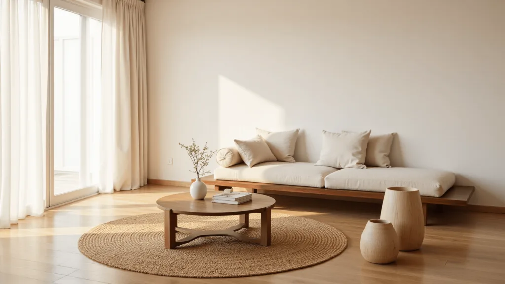 "Serene and minimalistic living room with bamboo coffee table, walnut platform sofa, and natural sunlight through sheer curtains"
