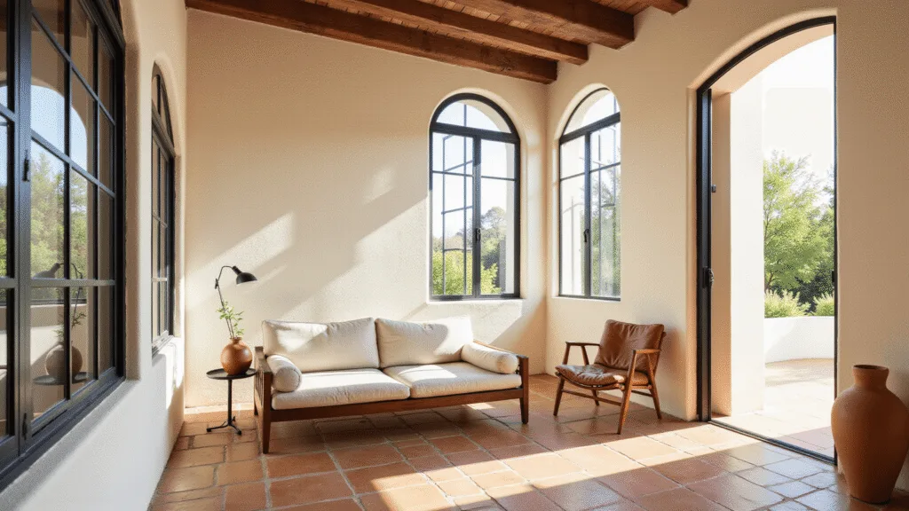 "Spanish Revival interior with arched windows, cream walls, exposed beams, terracotta floors and modern furniture in natural light"