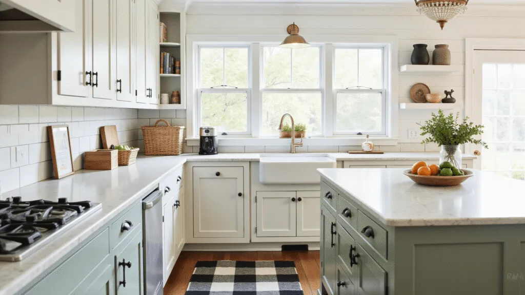 "Sunlit farmhouse kitchen with buffalo plaid runner, sage green cabinets, and white shiplap walls"