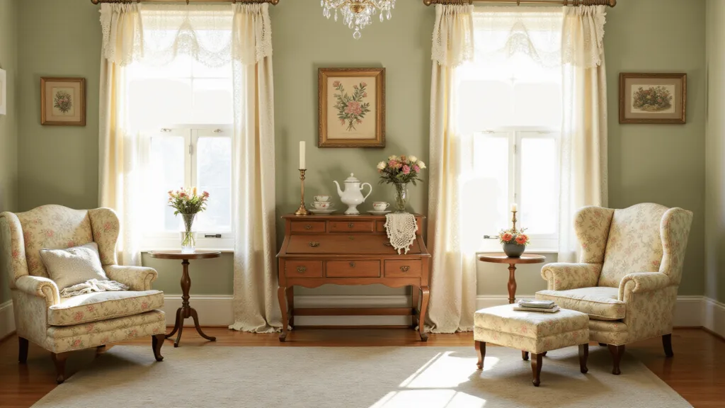 "Victorian living room with vintage floral furniture, antique decorations and warm sunlight filtering through lace curtains"