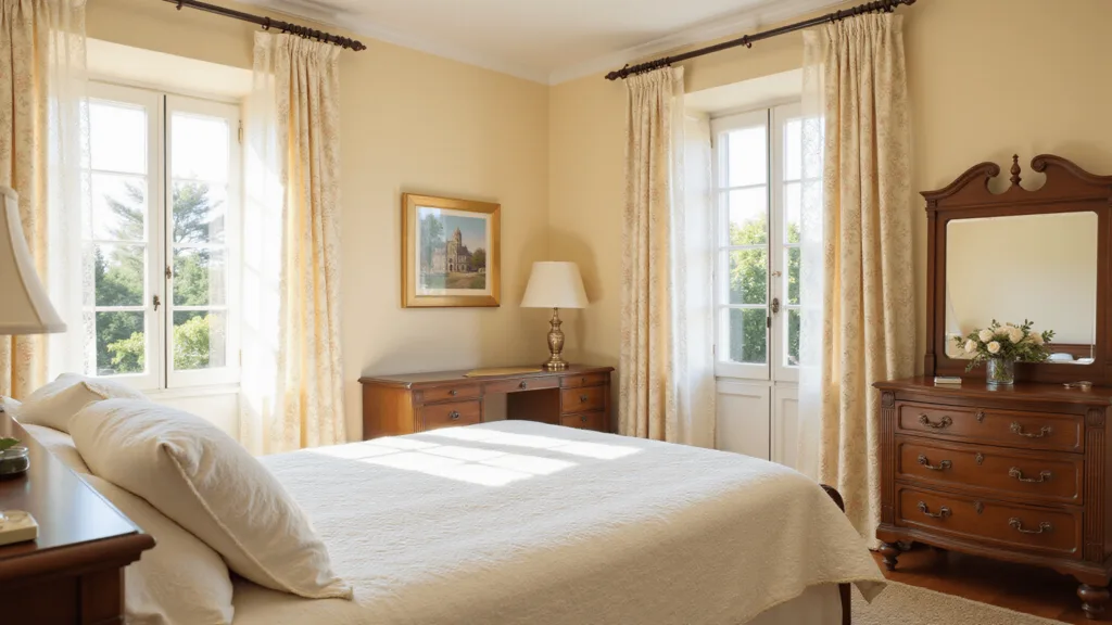"Vintage bedroom with a quilted bed, lace curtains, wooden furniture, floral patterns in pastel colors bathed in warm morning sunlight"