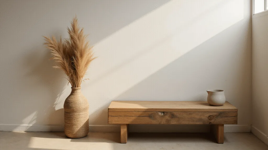 "Wabi-sabi styled sunlit entryway with weathered oak bench, seagrass basket, and ceramic vessel with dried pampas grass"