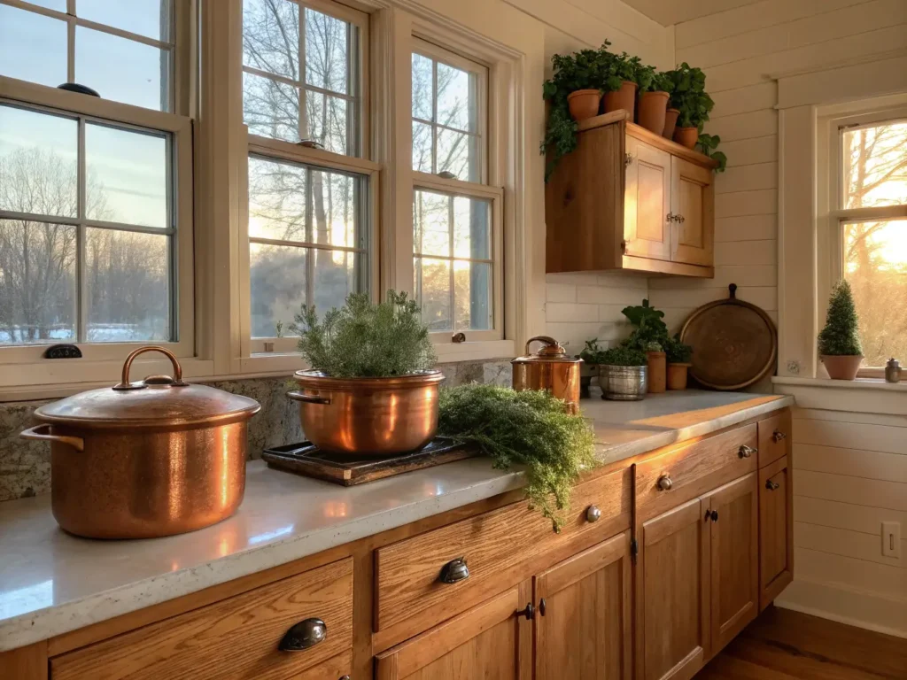 "Sunny kitchen with maple cabinets, copper accents, fresh herbs, and natural light during golden hour"