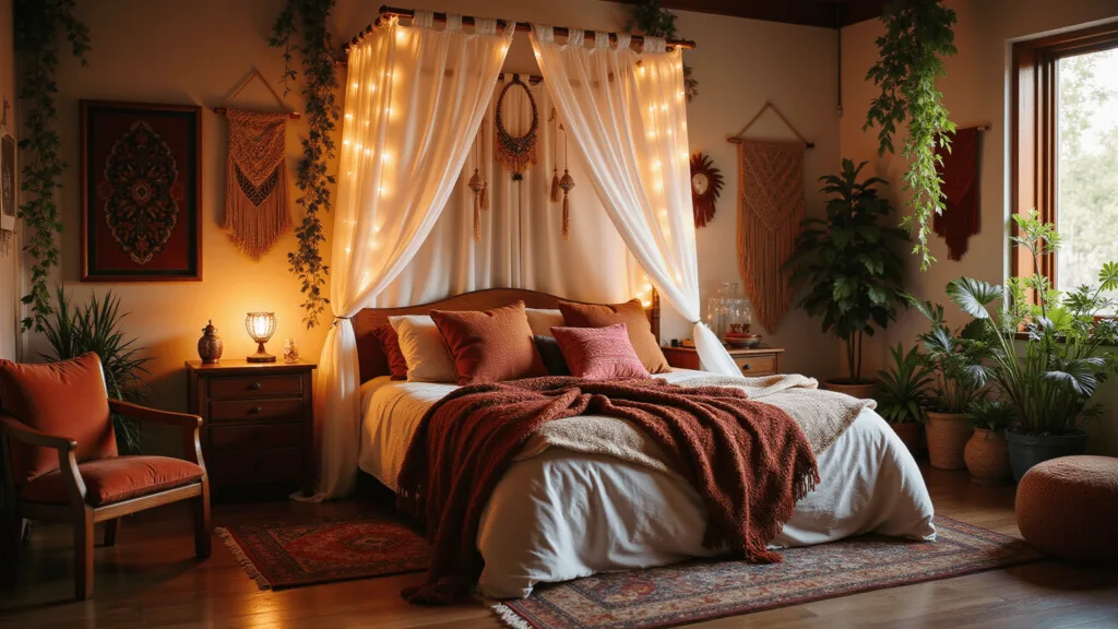 "Bohemian bedroom with canopy bed, jewel-toned textiles, Moroccan lanterns, vintage Persian rugs, and macramé wall hangings in sunset lighting"