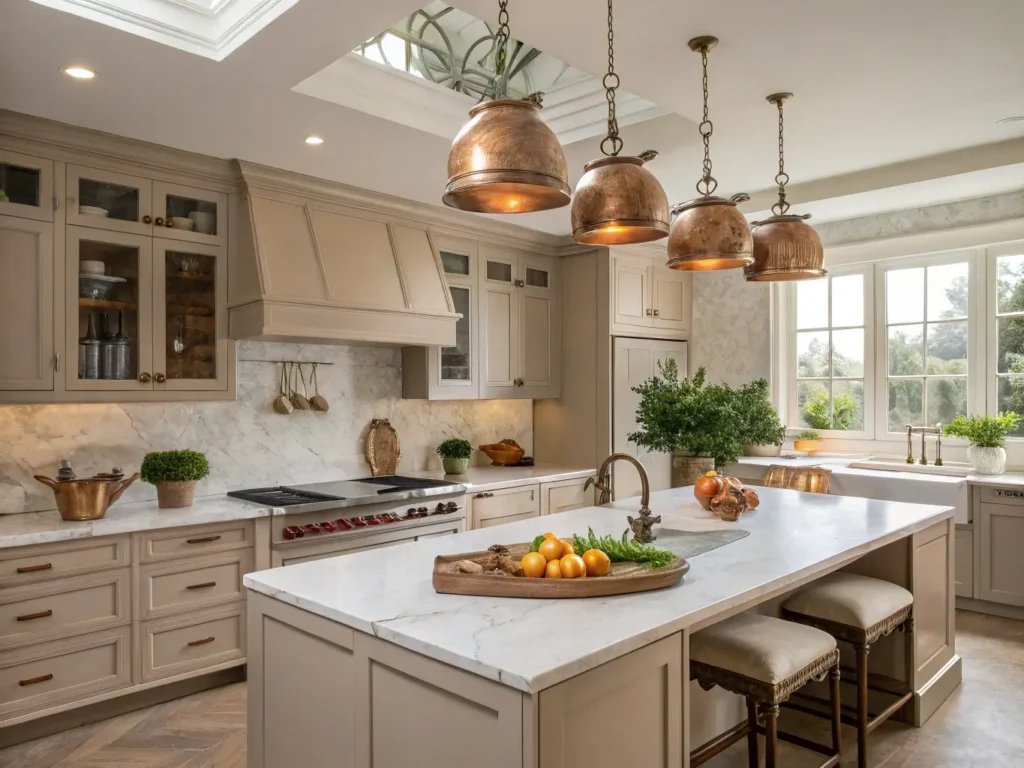 "Warm taupe kitchen with shaker cabinets, Carrara marble countertops, brass pendants, and copper pots during golden hour"