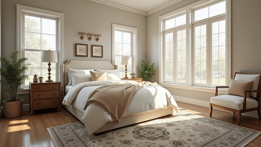 "Sunlit master bedroom with neutral palette, king-sized bed, vintage nightstands, and Persian rug"