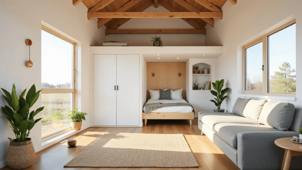 "Sunlit minimalist tiny house interior with white walls, oak floors, gray sofa, Murphy bed, and strategic green accents"