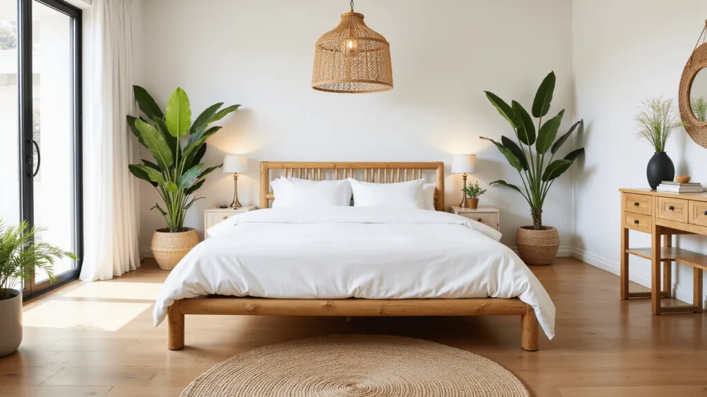 "Bright and airy tropical bedroom interior with bamboo bed, white linens, palm plants, rattan pendant lights, macrame decor, natural sunlight, jute rug, and wooden floor."