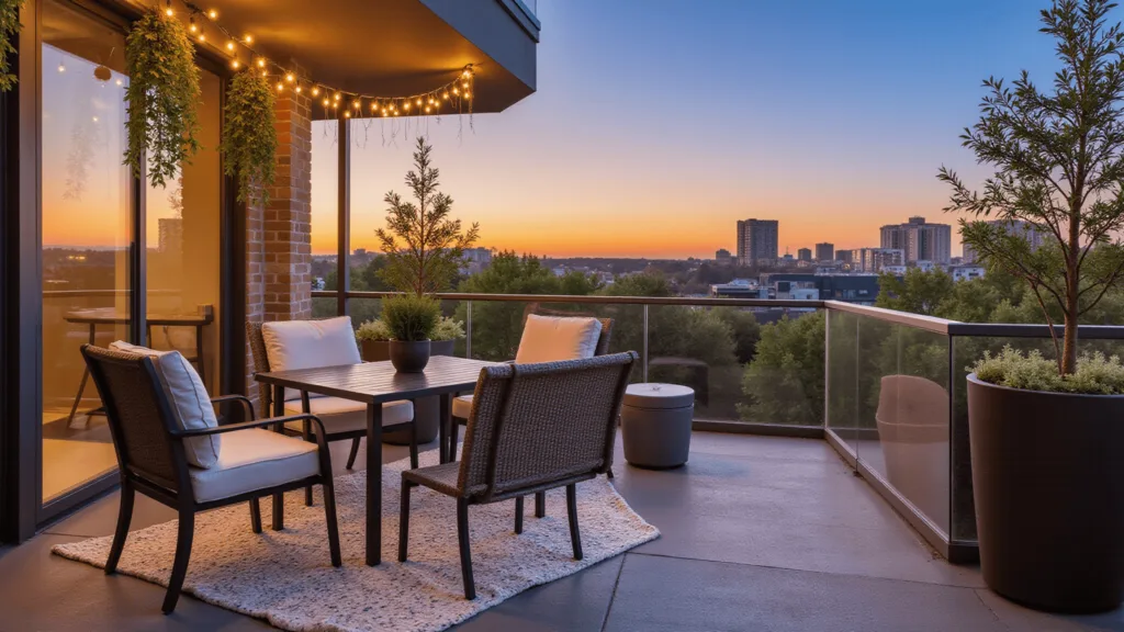 "Cozy urban balcony with bistro set, hanging plants, string lights, and sunset reflection on glass railing"