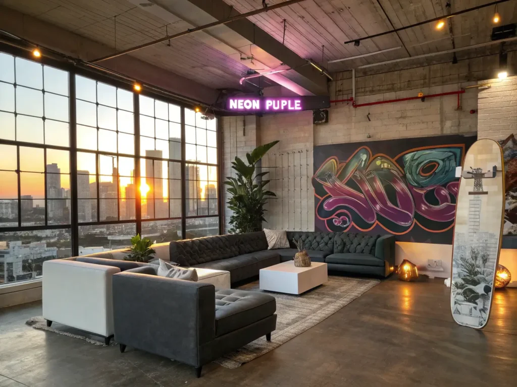 "Urban loft living room with graffiti mural wall, neon lights, skateboard displays, and cityscape photography illuminated by golden hour natural light."