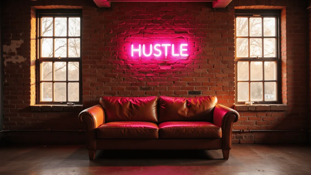 "Urban loft with exposed brick walls, leather sofa, street art and neon 'HUSTLE' sign bathed in warm golden hour sunlight from industrial windows"