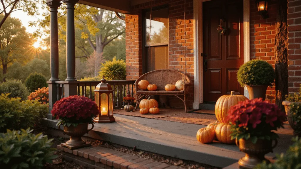 "Victorian porch at golden hour with rattan swing, terracotta pumpkins, copper lantern, and burgundy mums in brass planters"