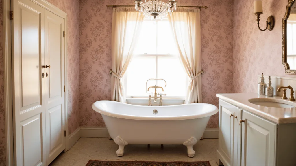 "Vintage bathroom with white clawfoot tub, floral wallpaper, crystal chandelier, and antique accessories during golden hour."