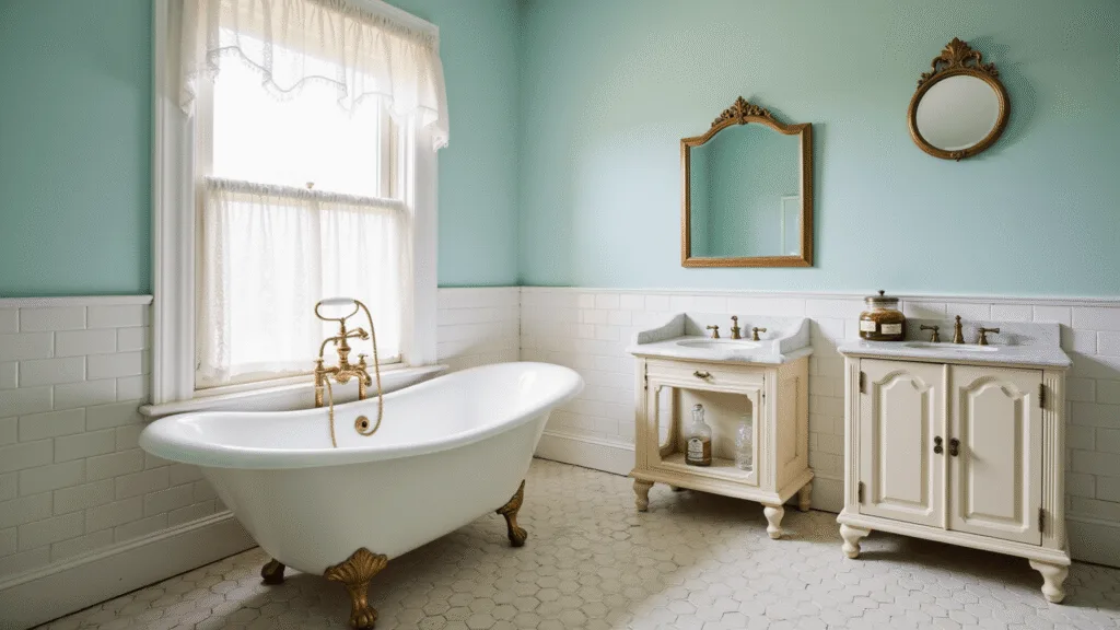 "Vintage bathroom with clawfoot tub, blue pastel walls, white subway tiles, brass fixtures, and morning light shining through lace curtains"
