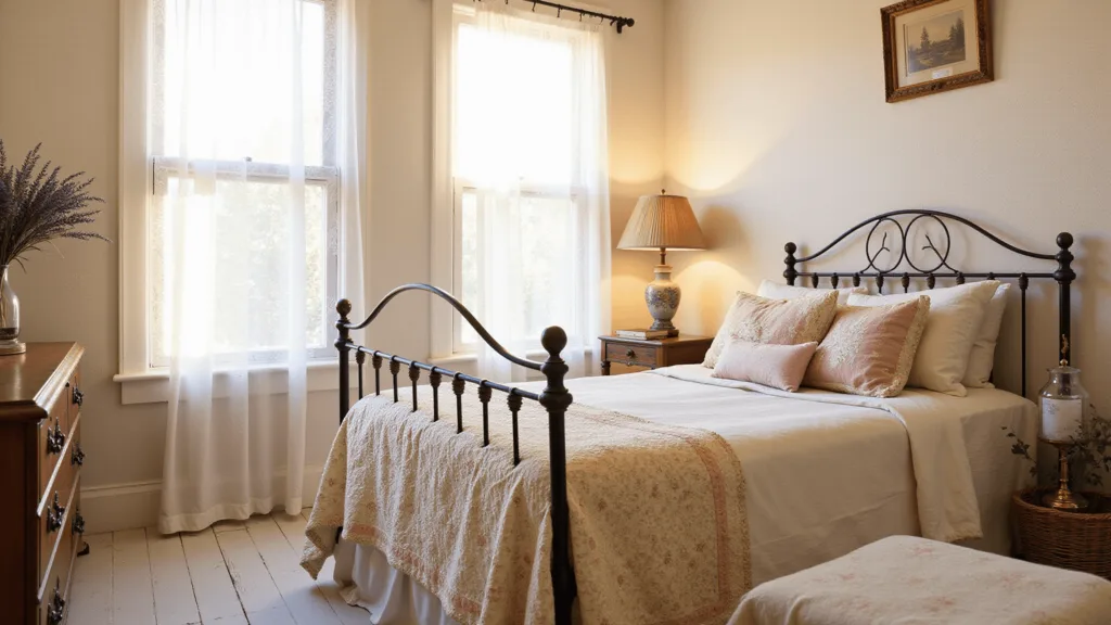 "Vintage cottage bedroom with wrought-iron bed, heirloom quilts, sunlit lace curtains, and antique furniture on white floorboards"