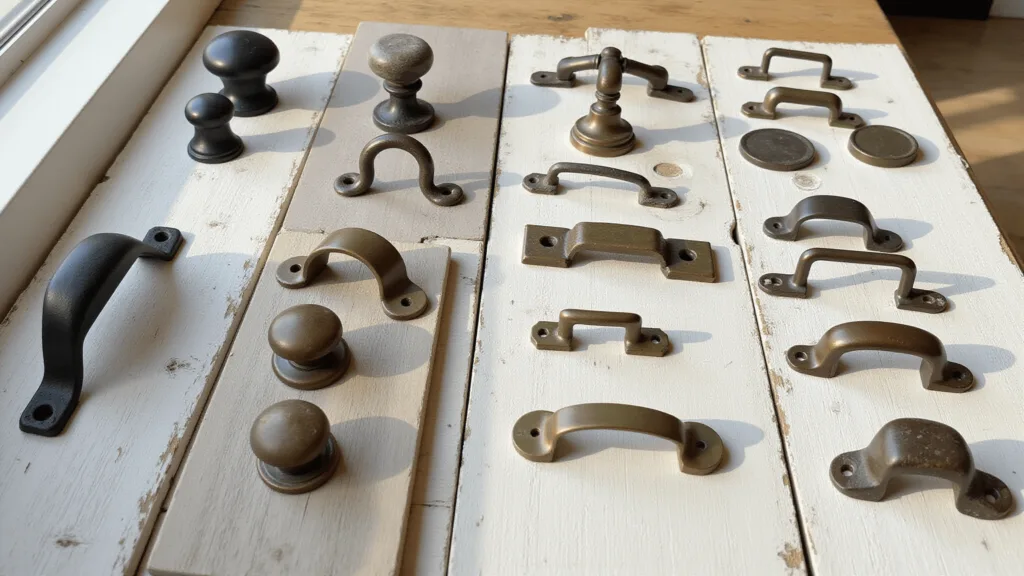 "Vintage farmhouse cabinet hardware on weathered white oak boards under natural sunlight"