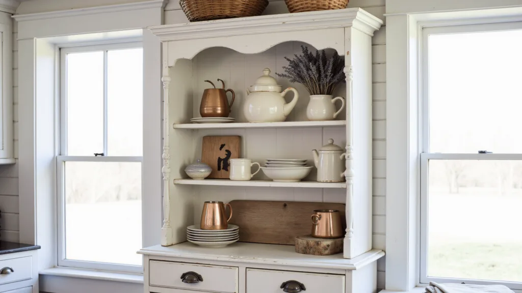 "Vintage white hutch in farmhouse kitchen displaying cream pottery and copper cups, with dried lavender against white shiplap wall in natural light"