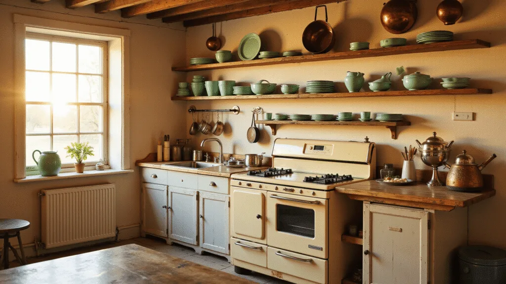 "Vintage farmhouse kitchen with cream stove, jadite dishes, copper pots, rustic wood elements, bathed in golden hour light"